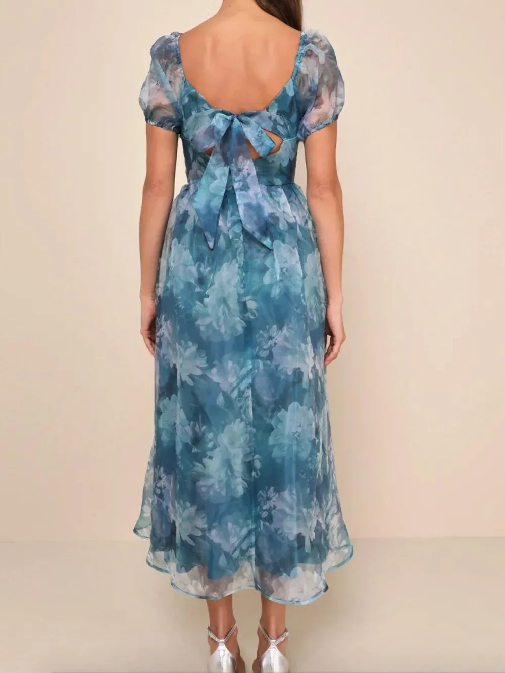 Lulus Lovely Statement Teal Blue Floral Organza Tie-Back Midi Dress - Size M - Picture 2 of 16